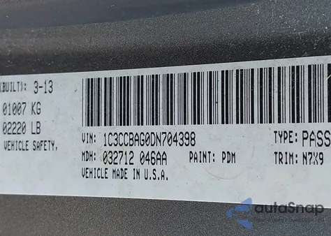 2013 Chrysler 200 Lx из США, поврежденный, VIN 1C3CCBAG0DN704398